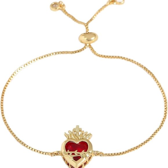 Elegant Red Zircon and Gold/Silver Sacred Heart Bracelet - Faithful Gift for Her - Picture 1 of 8